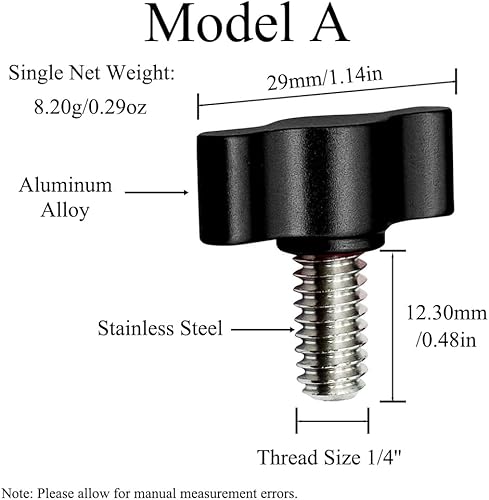 2 viti per pollice, filettatura da 1/4', vite per pollice regolabile, vite in acciaio inox con pomello in alluminio nero (modello C) - Honorern