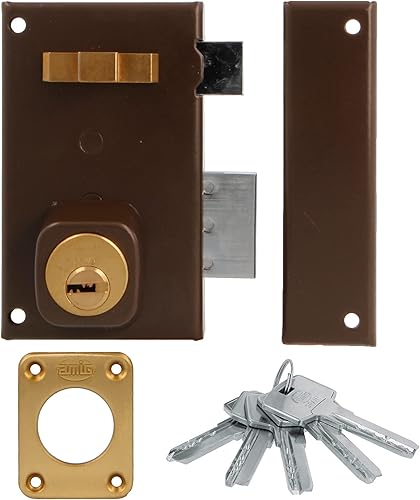 Amig - Serratura da sovrapposizione a destra con leva di chiusura, linguetta e maniglia per porte in legno mod. 75 67 x 112 mm Cilindro rotondo di sicurezza Acciaio Marrone - Honorern