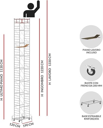 Trabattello altezza di lavoro 13.30 m in acciaio serie M5 LUX made in italy I SCEDIL - Honorern