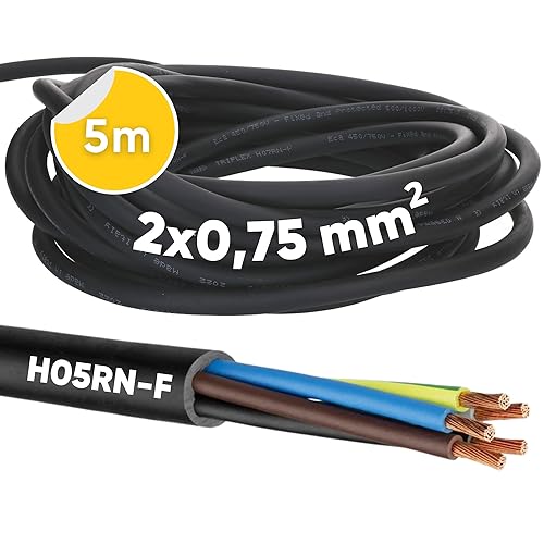 H05RN-F - Cavo in gomma 2 x 0,75 mm², senza conduttore di protezione per esterni, cavo elettrico nero, flessibile, resistente ai raggi UV e all'olio, cavo di collegamento, cavo in gomma a 2 - Honorern