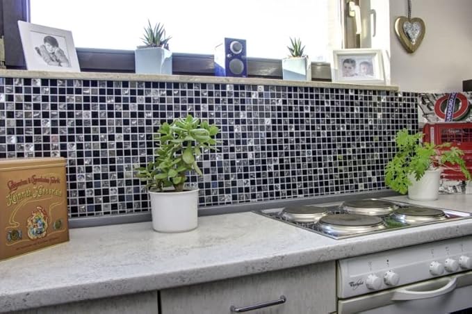 Piastrelle a mosaico autoadesive, traslucide, in acciaio inox, nero, con mosaico in vetro e acciaio nero, MOS200-4CM26 - Honorern