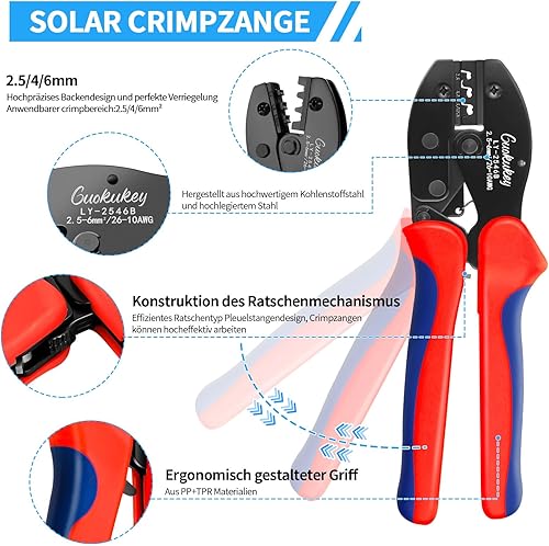 Set di pinze crimpatrici solari per cavo solare PV da 2,5/4/6 mm², 1 pinza crimpatrice + 1 pinza spella+10 paia di cavi solari+9 paia di connettori solari maschio/femmina+2 chiavi - Honorern
