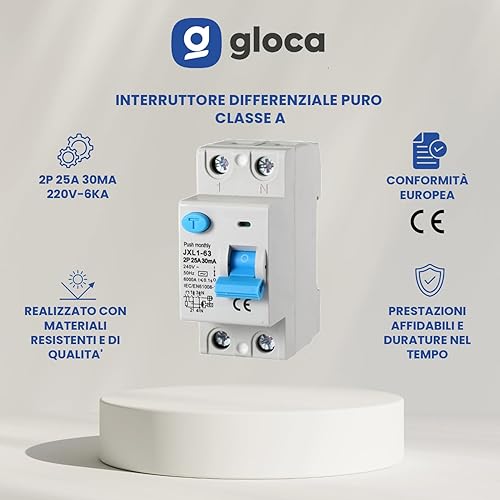 gloca Interruttore Differenziale Puro Salvavita 2P 25A 30mA 220V-6KA CLASSE A 2 Moduli DIN - Honorern