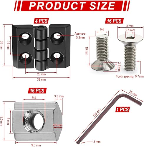 Cerniera Pieghevole in 4 Parti per Profilo in Alluminio 2020, Cerniera Flessibile in Lega di Zinco, incl. Tassello Scorrevole e Viti - Honorern