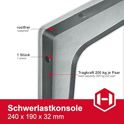 Sparta - Consolle per carichi pesanti, in alluminio color argento opaco, 2 pezzi, angoli di carico pesanti per il montaggio a parete, per console angolare: 190 x 165 x 32 mm, portata: 180kg - Honorern