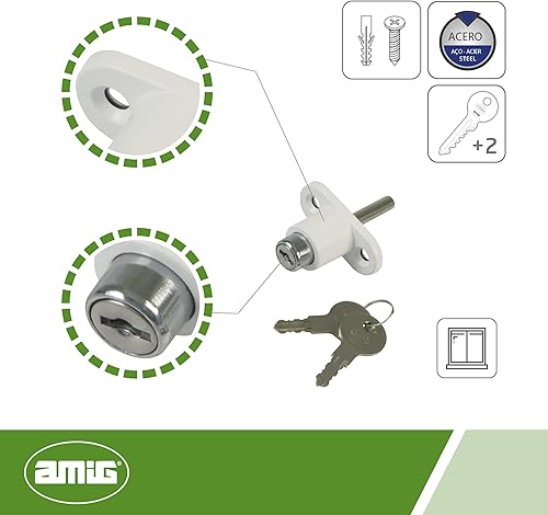 Amig - Serratura di sicurezza per finestre scorrevoli Mod.45; Chiusura a sovrapporre con 2 chiavi e Tirafondi per l'installazione, In acciaio Finitura bianco, Dimensioni: 53 x 23 mm - Honorern