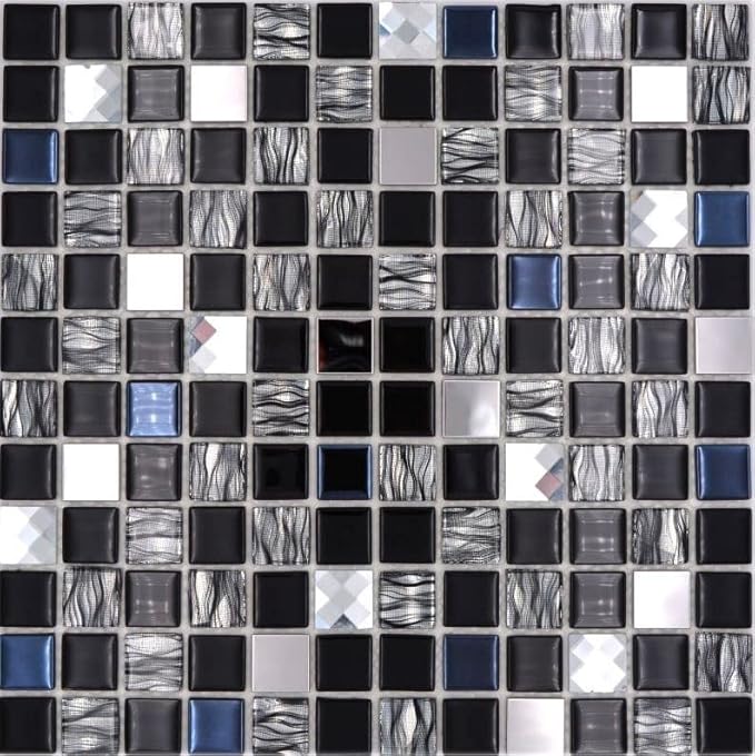 Piastrelle a mosaico autoadesive, traslucide, in acciaio inox, nero, con mosaico in vetro e acciaio nero, MOS200-4CM26 - Honorern