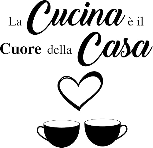 Adesivi Murali Cucina con 2 Tazzine e Cuore - Decorazioni Casa e Parete - Frase 'La Cucina è il Cuore della Casa' - Adesivi Murali Cucina per Decorazioni da Parete e Oggetti Decorativi per la Casa - Honorern