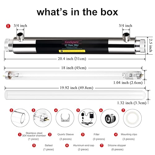 Geekpure Sistema di filtraggio dell'acqua per tutta la casa U-V 6 GPM - Depuratore d'acqua con 3 filtri UV + 3 manicotti al quarzo (25 Watt) - Honorern