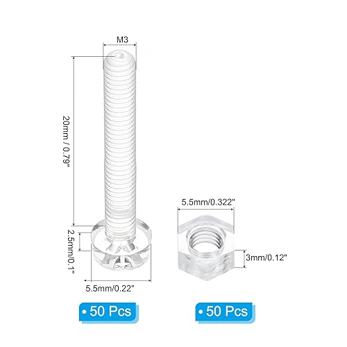 Kit Viti Acrilico Trasparente M3x20mm e Dadi Esagonali, 50 Set Viti a Testa Rotonda Phillips Plastica Pc per Accessori Macchine, Trasparenti - Honorern
