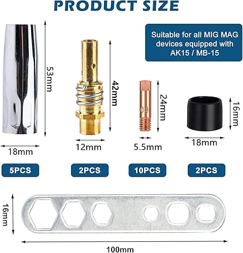 MIG/MAG Accessori,20 Pezzi Accessori per Saldature, Set di Materiali di Consumo Saldatori,Accessori per Saldatrice,UGELLO,PUNTA GUIDAFILO M6 0,8mm,DIFFUSOREE,ISOLATOR,STRUMENTO - Honorern