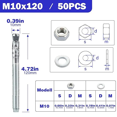 Perno Ancoraggio M10 x 120mm, 50 pezzi Bullone di Ancoraggio in acciaio al carbonio M10 Perni Ancoraggio per fissaggio carichi pesanti, calcestruzzo, muratura, pietra, mattoni, posa rapida (50, M10 x - Honorern