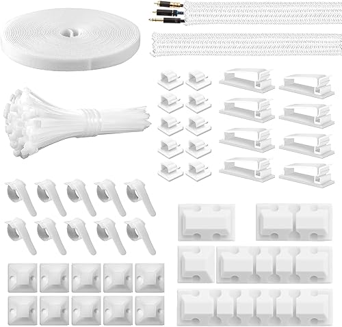 Kit gestione cavi, 146 pezzi per cavo management scrivania -100 fascette per cavi, 5 supporti in silicone, 2 manicotti, 28 clip adesive, 1 rotolo di cinghie organizzative - Honorern