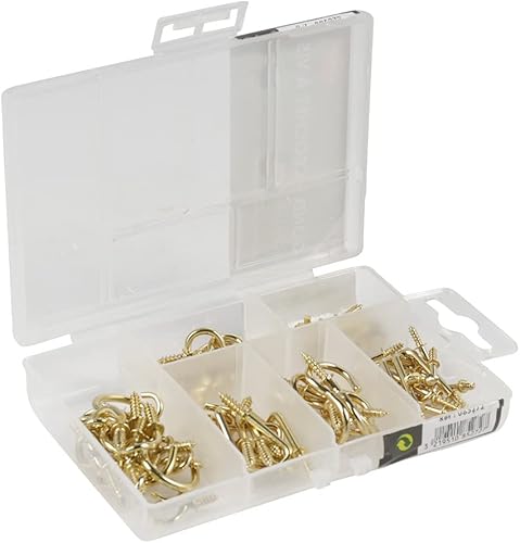 Gancio assortimento - Acciaio ottonato - 78 pezzi - Gancio e gond a vite - 78 ganci per viti di tipo L e ganci per viti - Assortimento ganci/fissaggi - Per appendere e fissare - Honorern