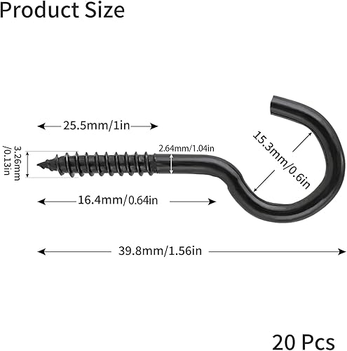 Gancio a Vite Multiuso, 20 Pezzi Ganci da Avvitare in Acciaio al Carbonio, Ganci a Soffitto Grande, Ganci Avvitabili per Amache, Poltrona Sospesa, Cavi Fissi, Tende da Sole(Nero) - Honorern