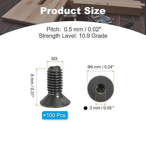 Viti a Testa Svasata Piatta M3 x 8 Mm, 100Pz Bulloni a Testa Svasata Piatta Acciaio Carbonio Medio, Viti Macchine Esagono Incassato, Filettatura Completa, Grado Ossido Nero 10.9 - Honorern