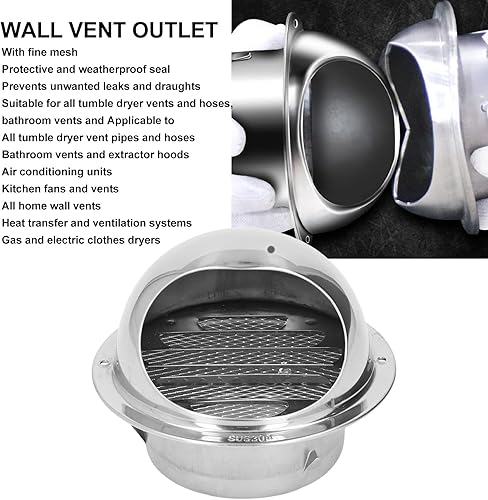 Griglia di Ventilazione a Sfera,100mm Griglia Aerazione in Acciaio Inossidabile 304,Copertura di Ventilazione Presa di Sfiato a Parete, Rete Antipioggia Antivento Addensata per Bagno di Casa, Cucina - Honorern