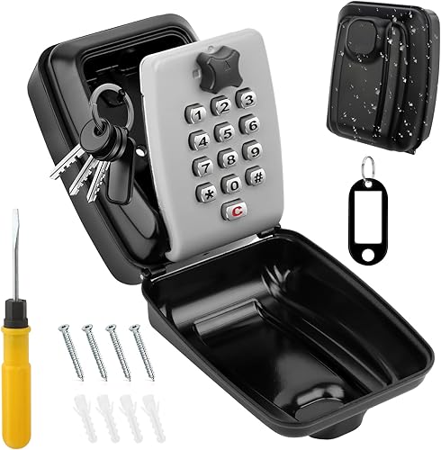 Cassetta Sicurezza Chiavi, Cassaforte Portachiavi con Codice 12 Cifre, Cassetta Sicurezza Chiavi, Combinazione Chiavi Impermeabile per Casa, Garage, Ufficio, Esterno (Noir) - Honorern