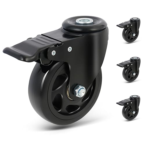 Rotelle per Mobili con Freno, Ruote Girevoli da 100mm con Foro Posteriore M12, Ruote per Il Trasporto, Ruote per Carrello Rotazione di 360 Gradi, Set da 4 Ruote per Mobili Portata 500 Kg - Honorern