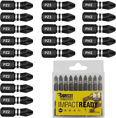 20 punte per cacciavite a percussione SabreCut SCPB25_20 da 25 mm PZ2 PZ3 PH2 a un'estremità PoziDriv POZI n. 2 n. 3 Phillips n. 2 per impieghi gravosi con scatola di immagazzinaggio - Honorern