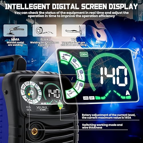 140A Saldatrice A Filo Continuo Senza Gas, 3 in 1 MIG/ARC/Lift TIG IGBT Inverter Saldatore con Smart Digital LED Dispaly di filo animato 0,8 mm per principianti e saldatori professionisti - Honorern