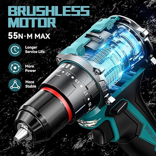 Brushless Trapano Avvitatore Batteria 21V, Trapano Percussione con Batterie, trapano avvitatore a percussione, Avvitatore Elettrico (2x2.0 Ah, 55 Nm, 23+3 Coppie, 24 accessori te) - Honorern