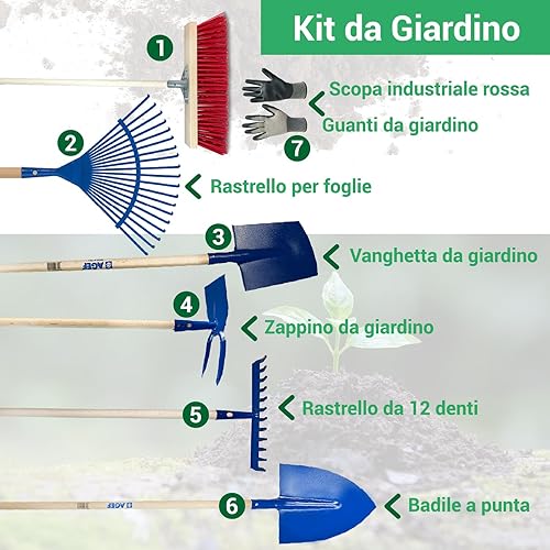 Set Completo Da Giardinaggio 7 Pezzi – Scopa Industriale, Guanti, Rastrello Foglie, Vanghetta, Zappino, Rastrello 12 Denti, Badile a Punta | Attrezzi Resistenti per Orto, Giardino - Honorern
