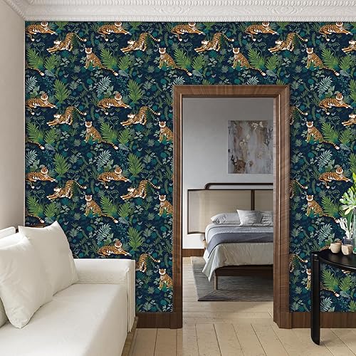 VaryPaper Carta da Parati Jungle Tropicali Carta da Parati Tigre 44.5cmx200cm Pellicola Adesiva Blu Scuro Carta Adesiva per Mobili Carta da Parati Cameretta Soggiorno Adesiva per Cassetti Armadio - Honorern