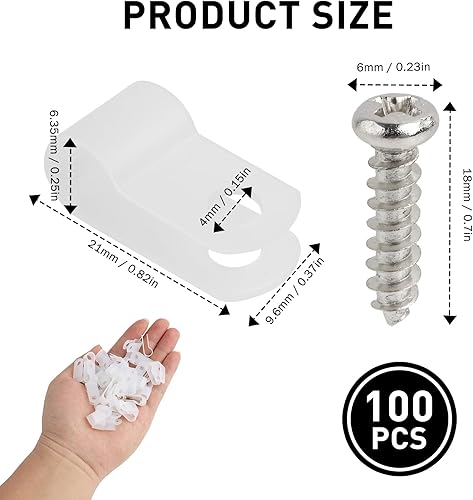 100 Pezzi 1/4 Pollice(6.4mm) R-tipo Cavo Clip Fascetta, Clip Fermacavi Contiene 100 viti, Fermacavi Muro, Morsetti per Cavi in Nylon Tipo R, Per la Gestione dei Fili, Clip Fermacavi - Honorern