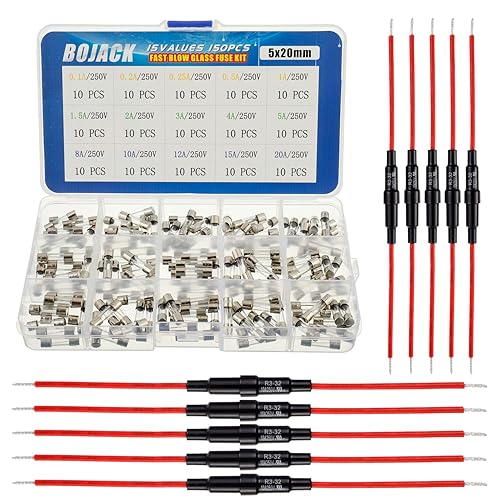5x20 mm Portafusibili Tipo di vite in linea con filo rosso 16 AWG + 15 valori 150 pezzi 5x20mm Fusibili in vetro a colpo rapido 250 V 0,1-20 A Kit assortimento - Honorern
