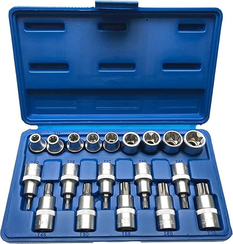 SET 19 BUSSOLE TORX IN ACCIAO CROMO VANADIO ATTACCO 1/2' MASCHIO T20-T70 - FEMMINA E10-24 - Honorern