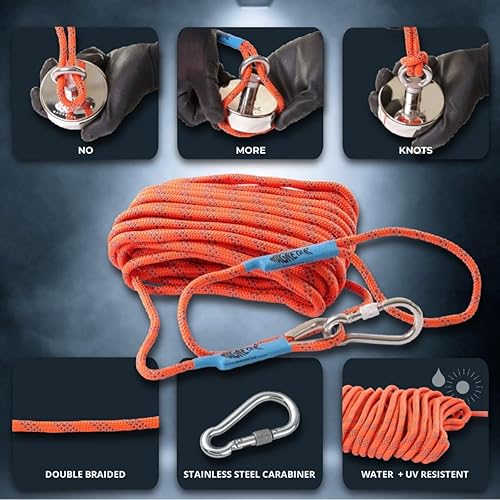 Corda da 20 metri – Con moschettone e nodo rapido – Corda da arrampicata forte per pesca magnetica - Honorern