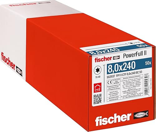 Fischer Viti per Legno e Costruzioni PowerFull II CTF 8,0x100 mm, Filetto Totale, Testa Svasata Piana, Impronta Torx, Zincata Bianca, 50 Pz, 562930 - Honorern