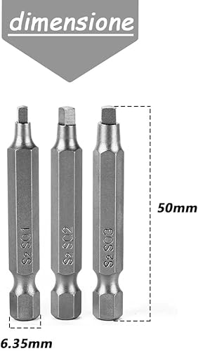 Mesee Set di 9 Punte per Cacciavite a Testa Quadrata da 50mm Punte Magnetiche con Gambo Esagonale da 1/4' in Acciaio S2 Kit Punte a Testa Quadrata SQ1 SQ2 SQ3 per Cacciaviti Elettrici a Mano - Honorern