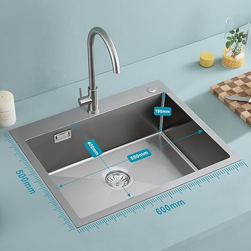 Lavello da cucina 60 x 50 cm, KEOKBON Nanosilber Lavello da cucina in acciaio inox con foro per rubinetto, lavello da cucina con filtro di scarico e istruzioni di montaggio (lingua italiana non - Honorern