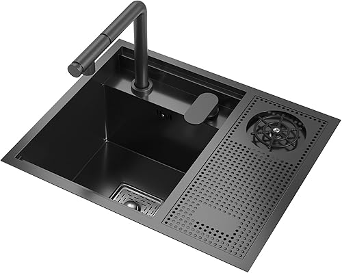 Lavello da incasso nero opaco, 55 x 45 cm, invisibile, lavello da cucina, lavello in acciaio inox, con rubinetto di sollevamento estraibile e funzione di lavaggio bicchiere. - Honorern