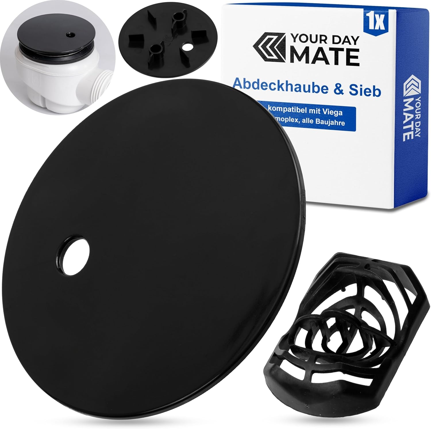 Set di copertura con filtro per capelli per piletta doccia, Ø 90 mm, compatibile con piletta Viega Domoplex, copertura in ABS ASA nero, filtro per capelli per doccia, tappo per piletta doccia - Honorern