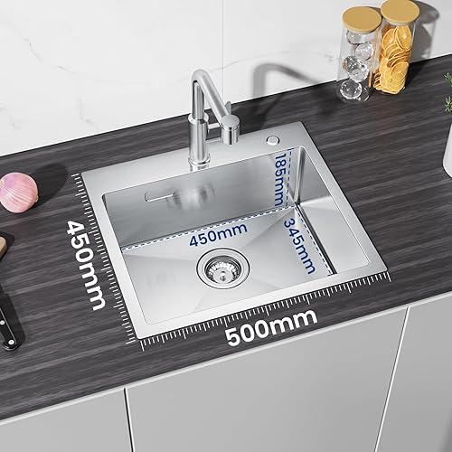 50 x 45 cm Lavello in Acciaio Inox, Lavello Cucina 1 Vasca per Mobile di 50cm e Oltre, Lavandino Cucina 1 Vasca con Troppopieno e Sifone - Honorern