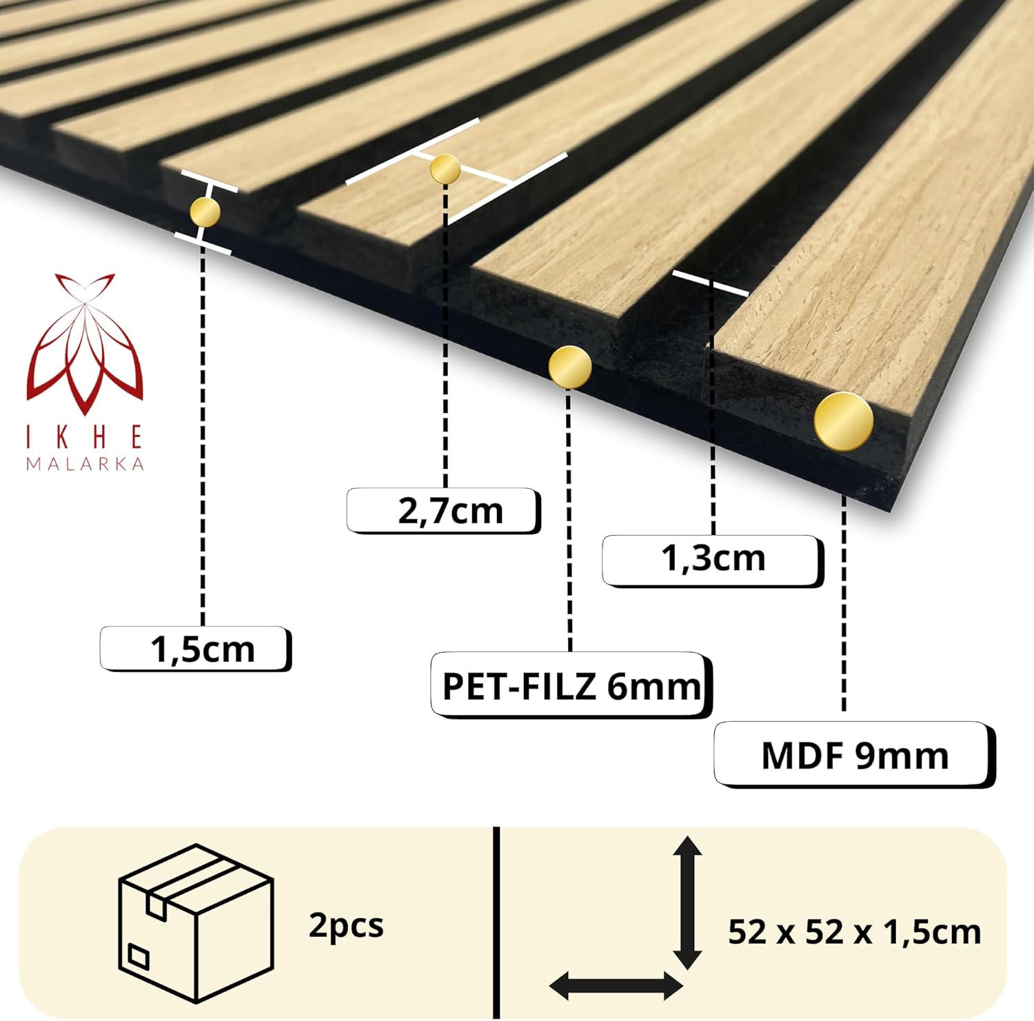 2 pannelli da parete in legno da 0,54 m², pannelli 3D, pannelli da parete in legno, isolamento acustico, feltro PET da 6 mm e MDF 9 mm (11003C) - Honorern