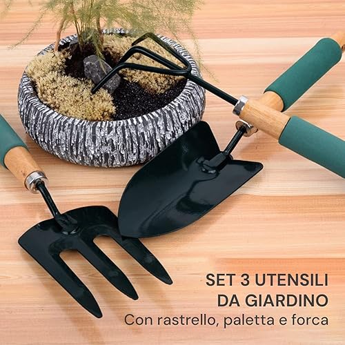 Zendea Set 3 Utensili da Giardino con Rastrello per Raccogliere Foglie, Una Forchetta per Trapiantare Fiori e Spade per Scavare il Terreno - Realizzati in Materiali Resistenti e Manico Ergonomico - Honorern