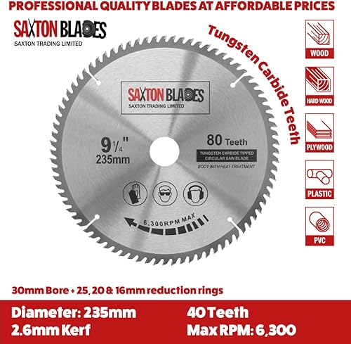 Saxton TCT23580T - Lama per sega circolare TCT per legno, 235 mm x 30 mm foro x 80T, per Bosch, Dewalt, Makita - Honorern