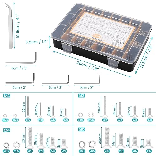1120 Viti Svasate con Set di Bussole Esagonali - Kit Viti Testa Piatta Acciaio Inox M2, M3, M4 e Viti M5 con Custodia - Set di Bulloni e Dadi Per Fai-Da-Te e Riparazioni di Macchinari - Honorern