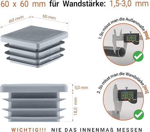 Tappo Terminale per Tubo Quadrato 60x60 mm Grigio – Tappi in Plastica con Lamelle 6x6 cm – Copritubo di Chiusura – 4 Pezzi - Honorern