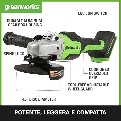 Greenworks GD24AGK4 Smerigliatrice Angolare a Batteria con Disco da Taglio 125mm, 10500 giri/min., per Destrorsi o Mancini, Batteria 24V 4Ah e Caricabatterie, Garanzia 3 Anni - Honorern