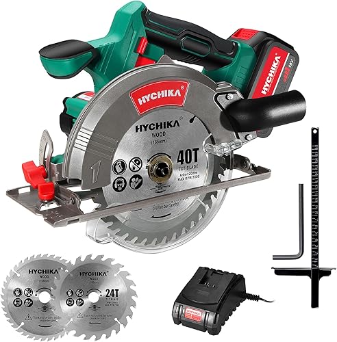 Sega circolare a batteria, HYCHIKA 18V con 2 lame da 165 mm, profondità di taglio massima 53 mm (90°)/36 mm (45°) - Honorern