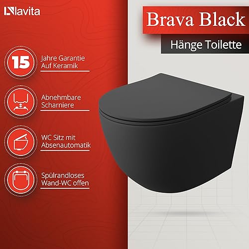 LAVITA Brava - WC da parete con chiusura automatica e cerniere in metallo, senza bordi, da appendere, 360 x 480 x 375 mm, colore: Nero - Honorern