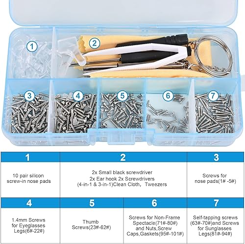 kit di riparazione occhiali da sole, 500 strumenti per la riparazione degli occhiali viti per occhiali kit riparazione con mini cacciaviti, dadi per vite, naselli in silicone e pinzette - Honorern