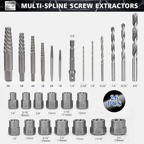 Set di cacciaviti, 26 pezzi, 3/8', cacciavite sinistro, dado di rimozione della bussola, 8-19 mm, dado turbina - Honorern