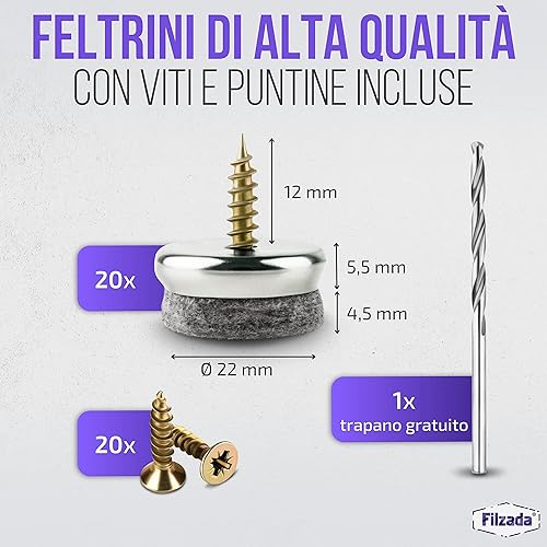 20x Feltro aliante con vite - Ø 22 mm - Piedini professionali per sedia/protezioni per le gambe della sedia in feltro con vite - incl. trapano - Honorern
