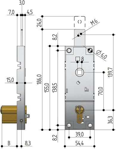 B561.681Z.0000 Serrature per Porte Basculanti/garage interasse 70 mm Cilindro Profilo Europeo senza cilindro, catenaccio con foro M6 - Honorern